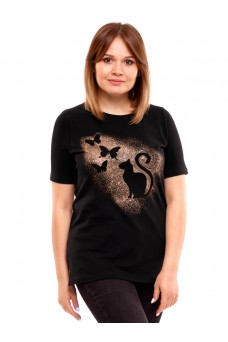 Футболка ЖДФК265804; черный / Кошка в золоте