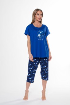 008119 0112 Комплект с капри короткий рукав КОШКИ (1XL2 2XL1 3XL1) синий